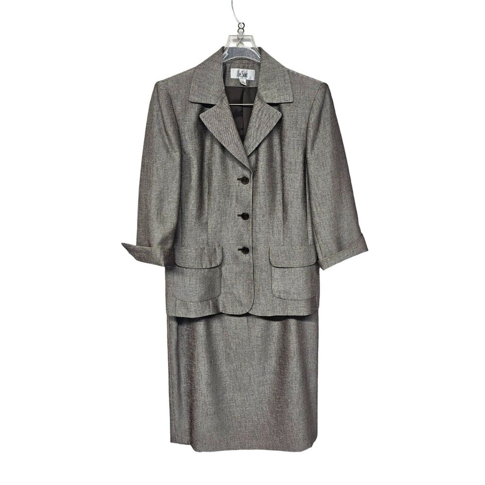 Le Suit Women Skirt Suit Size 10 Gray Brown Office Corporate 3/4 Sleeves Lined